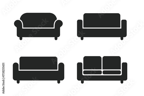 Sofa and couch vector icon set. Collection of black furniture silhouettes for interior design. Simple flat graphic illustration for web, app, logo. Living room symbol.
