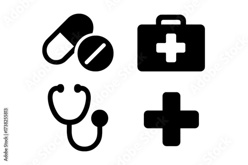 Medical icon set. Vector healthcare symbols. Medicine, pharmacy, first aid, doctor, hospital, emergency, diagnosis, treatment, health. Stethoscope, pills, medical kit, cross.