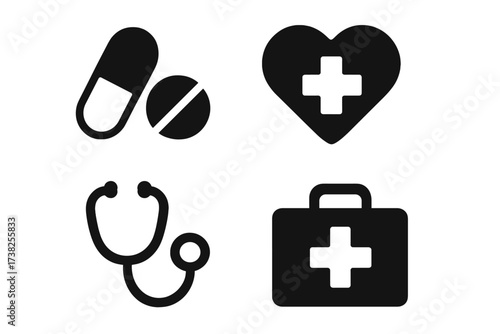 Medical icon set for pet health care. Veterinary medicine symbols. Flat design elements for web, app, UI. Stethoscope, first aid kit, pills, heart with cross. Animal hospital.