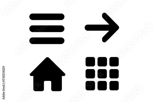 Basic web interface icon set. Collection of simple black glyphs for navigation. Includes hamburger menu, home button, next arrow, and grid app icons for UI and UX design.