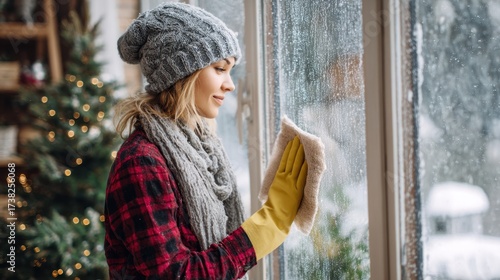 A woman cleaning the window of a house in winter season and a Christmas tree in the background