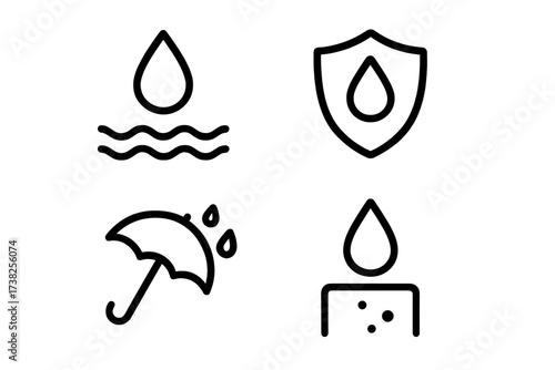 Waterproof icon set. Water resistant and protection symbols. Drop, shield, umbrella for rain and weather. Minimal line art vector for web, apps, and graphic design.