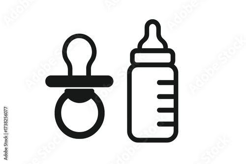 Vector baby pacifier and milk bottle icon. Flat design symbol for newborn care. Infant feeding, childhood concept. Dummy, soother, nipple and bottle simple black silhouette graphic.