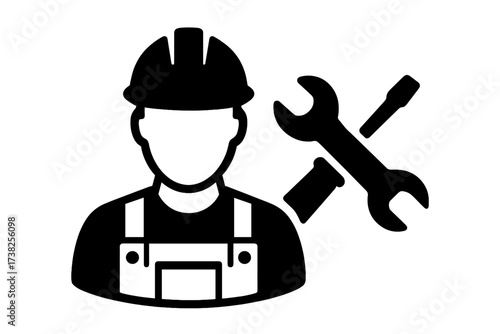 Technician service icon. Worker, builder, or mechanic symbol for repair and maintenance. Man in helmet with wrench and screwdriver tools for construction. Flat vector logo UI design.