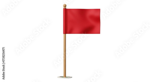 Isolated red flag with wooden pole indicating location, hazard, warning, or golf course