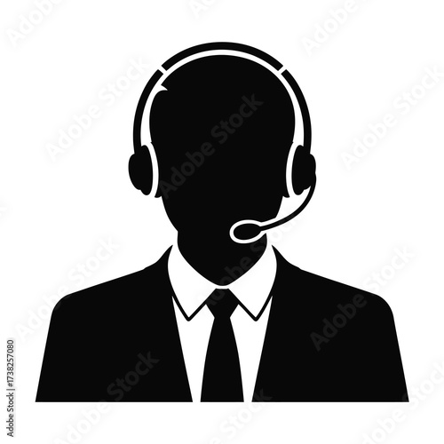 Operator silhouette icon represents customer service professional with headset and tie