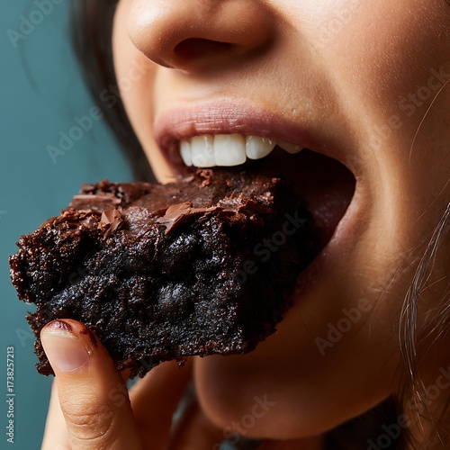 Close-up of Woman Eating Dark Chocolate Brownie with Visible Teeth and Lips