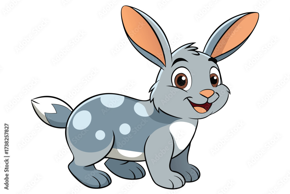 Obraz premium Cute Cartoon Gray Rabbit with White Spots Standing on a White Background