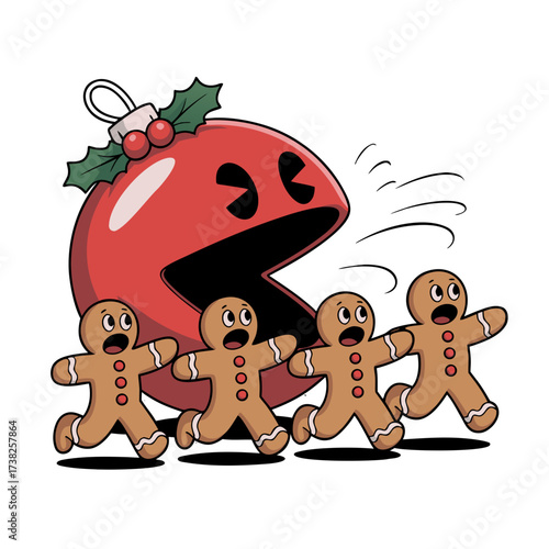 Illustration of gingerbread men running away from a giant red pacman like christmas ornament