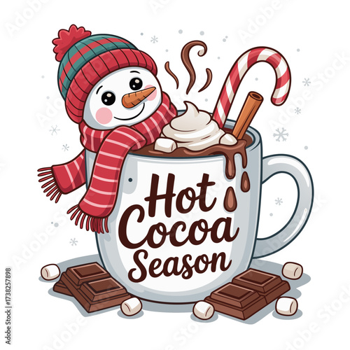Illustration of cute cartoon snowman enjoying hot cocoa with candy cane and marshmallows
