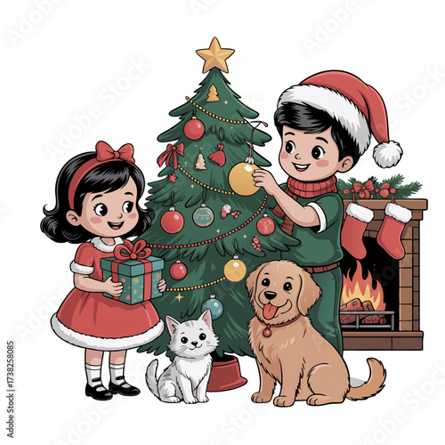 Illustration of children decorating a christmas tree with a dog and cat, with a fireplace and stockings in the background