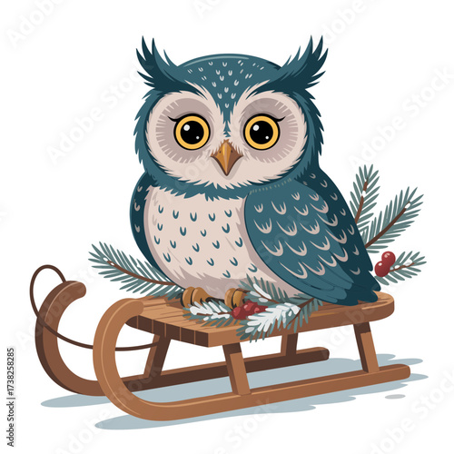 Illustration of cute owl with big eyes sitting on a wooden sled