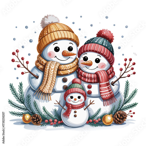 Illustration of happy snowman family with winter hats and scarves