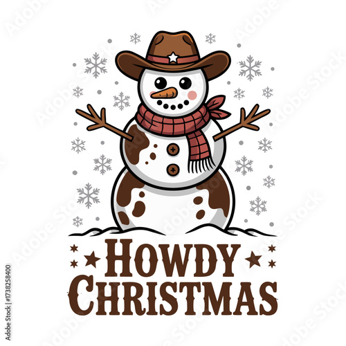 Illustration of cute cowboy snowman wearing a hat and scarf with howdy christmas text