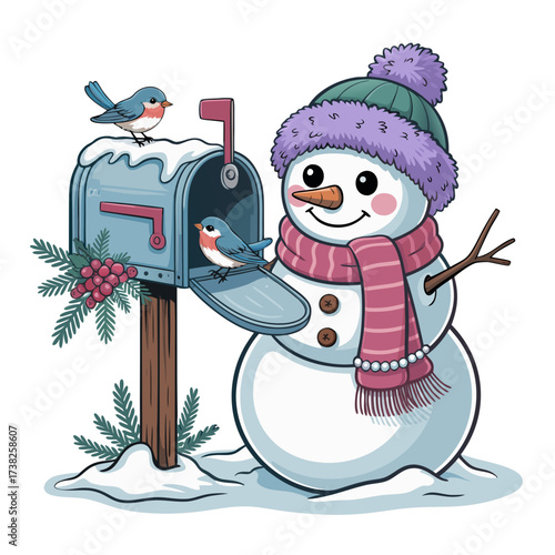 Illustration of cute snowman with birds at a mailbox in the snow