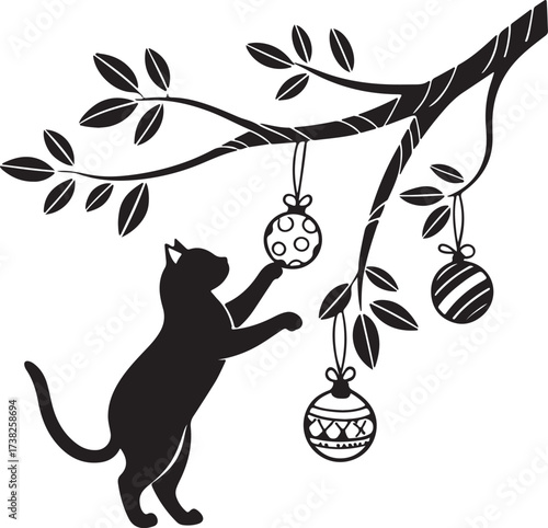 Vector silhouette of a curious cat playing with Christmas ornaments hanging from a branch