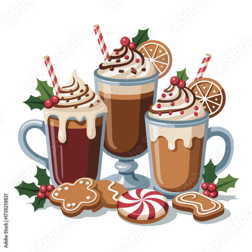 Illustration of three festive hot chocolate drinks with whipped cream, cookies, and orange slices