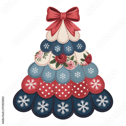 Illustration of quilted christmas tree decoration with red bow and floral accents