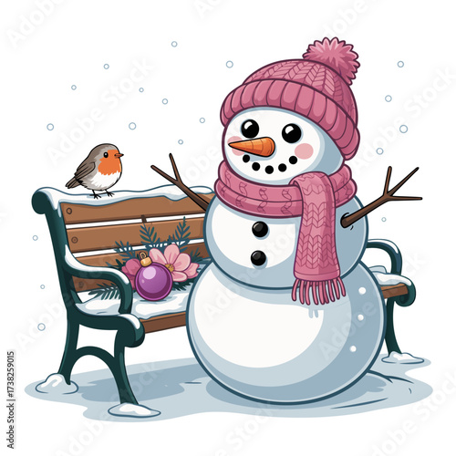 Illustration of adorable snowman wearing pink hat and scarf, sitting on snowy ground with a robin on a bench