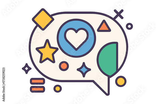 Concept of customer feedback and social media rating. Speech bubble with heart and star icon. Geometric abstract illustration for communication, reviews and user experience.