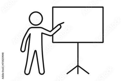 Stick figure presenting with a pointer at a blank whiteboard. Business presentation, meeting, or training concept. Simple icon of a teacher, coach, or speaker giving a lecture.