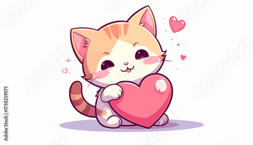 Adorable Kawaii Cat Holding a Pink Heart, a Cute Illustration of a Fluffy Kitten Expressing Love