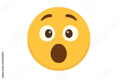 Surprised emoji face icon. Shocked emoticon with open mouth and wide eyes. Wow expression vector illustration. Amazed, astonished, stunned smiley. Social media reaction.