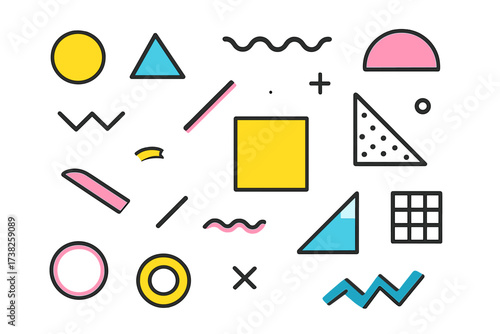 Memphis style geometric shapes set. Abstract 80s 90s retro design elements. Vector illustration. Pop art background. Colorful cheerful pattern. Funky shapes. Transparent.