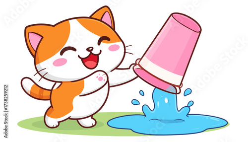 Cute kawaii cat spilling water from a pink bucket, playful and happy illustration