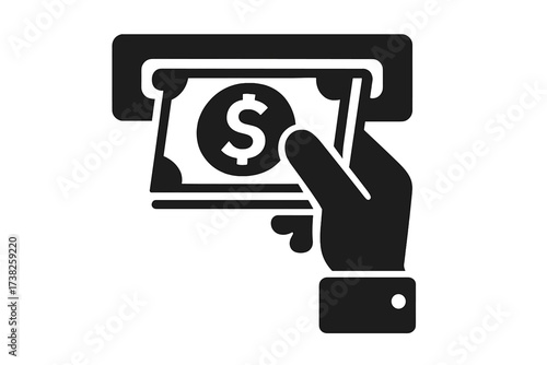 Hand withdrawing money from an ATM. Cash withdrawal icon for finance and banking concepts. Financial transaction, payment symbol. Business and money services vector illustration.