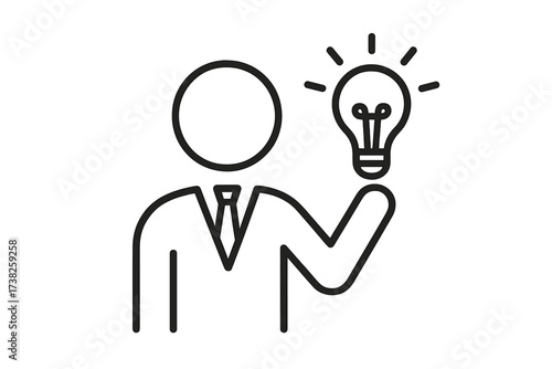 Businessman with a lightbulb symbolizes a new idea, creative solution, and innovation. Vector line icon for business strategy, inspiration, and eureka moment concept.