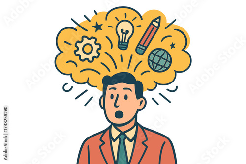 Creative idea explosion in man's head. Brainstorming and innovation concept with lightbulb, gear, and pencil icons. Mind blowing business solution and creative thinking.