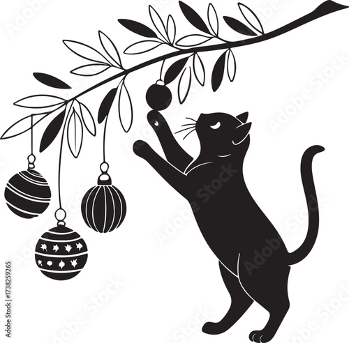 Vector silhouette of a curious cat playing with Christmas ornaments hanging from a branch