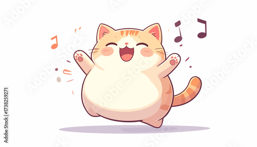 Cute kawaii cat dancing with musical notes, vibrant illustration for joy and fun