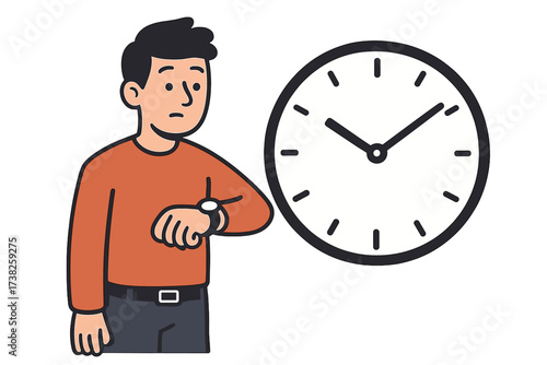 Worried character looking at his watch, concept of deadline and time management. Anxious man late for an appointment. Punctuality and stress vector illustration. Checking time.