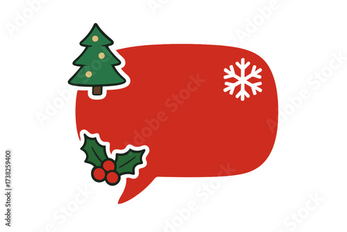 Red Christmas speech bubble for text. Vector label for winter holiday sales and promotions. Blank message tag with Xmas tree, holly, and snowflake. Seasonal greeting design.