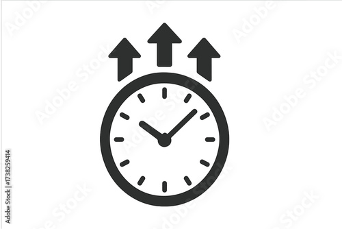 Time management icon with clock and arrows pointing up. Productivity growth, efficiency and progress concept. Deadline, urgency, and time passing quickly symbol. Vector logo.
