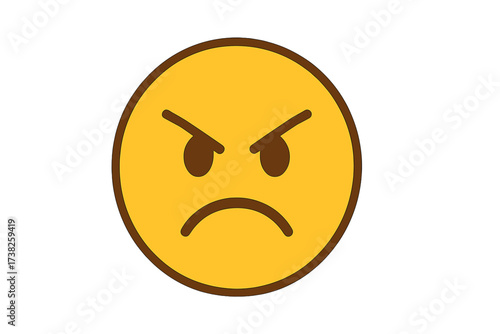 Angry face emoji vector icon. Mad emoticon smiley illustration. Unhappy and furious expression symbol. Concept of rage, frustration, and bad mood. Isolated vector character design.