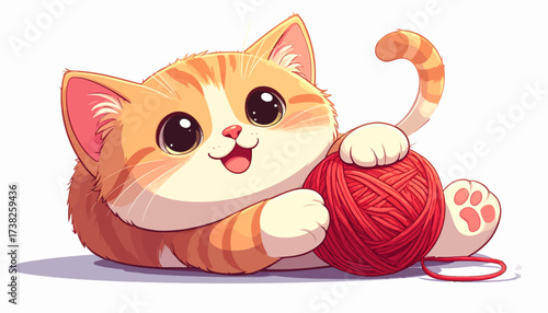 Adorable orange tabby kitten playing with a ball of red yarn, cute kawaii style illustration