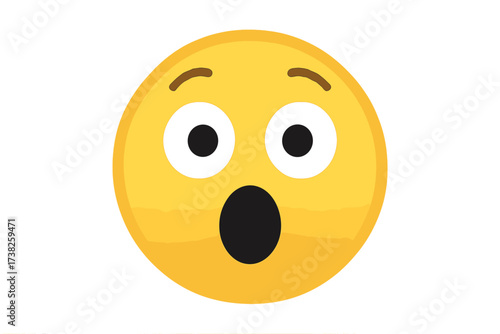Surprised emoji face with open mouth. Vector emoticon showing shock and astonishment. Wow expression icon for chat and web. Yellow smiley character amazed and speechless.