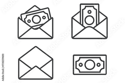 Cash in envelope icon set. Money payment, salary, or bonus concept. Vector line icons for finance, business, wages, and savings. Bribe, corruption, and financial gift idea.