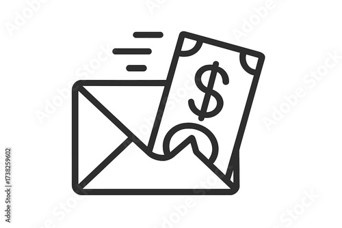 Money in envelope vector icon. Fast cash transfer, payment, or salary delivery. Financial transaction, income, savings, or investment concept. Corruption, bribe, illegal payment.