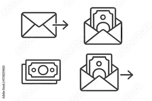 Money in envelope icon set. Cash payment, salary, and financial transaction concept. Sending and receiving money, mail delivery. Vector line art for business and finance.