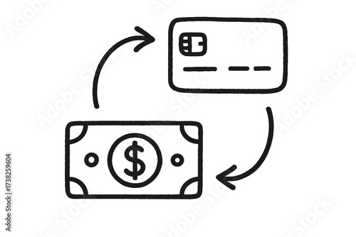 Hand drawn doodle of money flow. Cash to credit card conversion, currency exchange, and digital payment transaction concept. Finance and banking vector icon for cashless transfer.