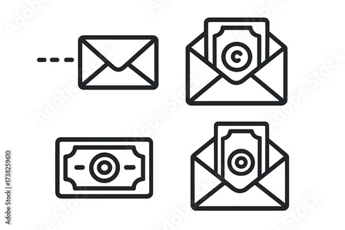 Money in envelope line icon set. Cash payment, salary, and wage concept. Sending and receiving money, financial transaction. Mail with banknote, income, bribe, and earnings.