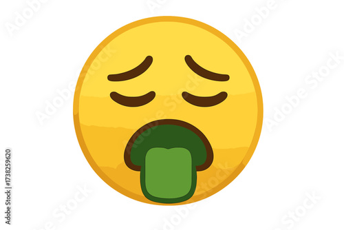 Nauseous face emoji feeling sick and disgusted. Green emoticon about to vomit. Vector illustration icon of being ill, unwell or having food poisoning. Puke smiley concept.