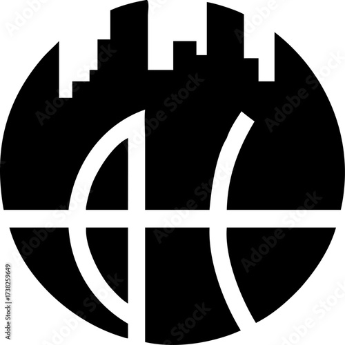 Basketball silhouette with city skyline.