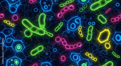 Vibrant Microscopic Ecosystem Dynamic Abstract Illustration of Glowing Bacteria, Viruses, and Cells in a Biological Network