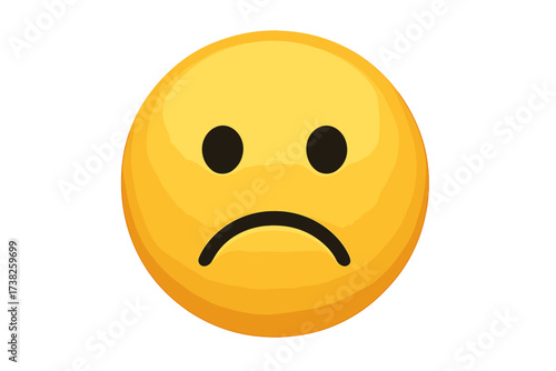 Sad face emoji. Unhappy emoticon showing negative emotion. Vector illustration of a depressed or sorrowful expression. Simple yellow round face icon for bad mood or disappointment.