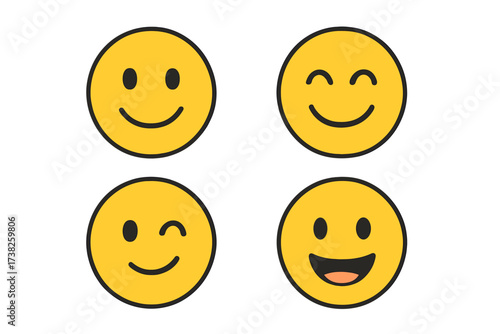 Set of yellow emoticons. Collection of cute smiley face emoji with various expressions. Happy, smiling, winking, and laughing faces. Vector illustration icon pack design.